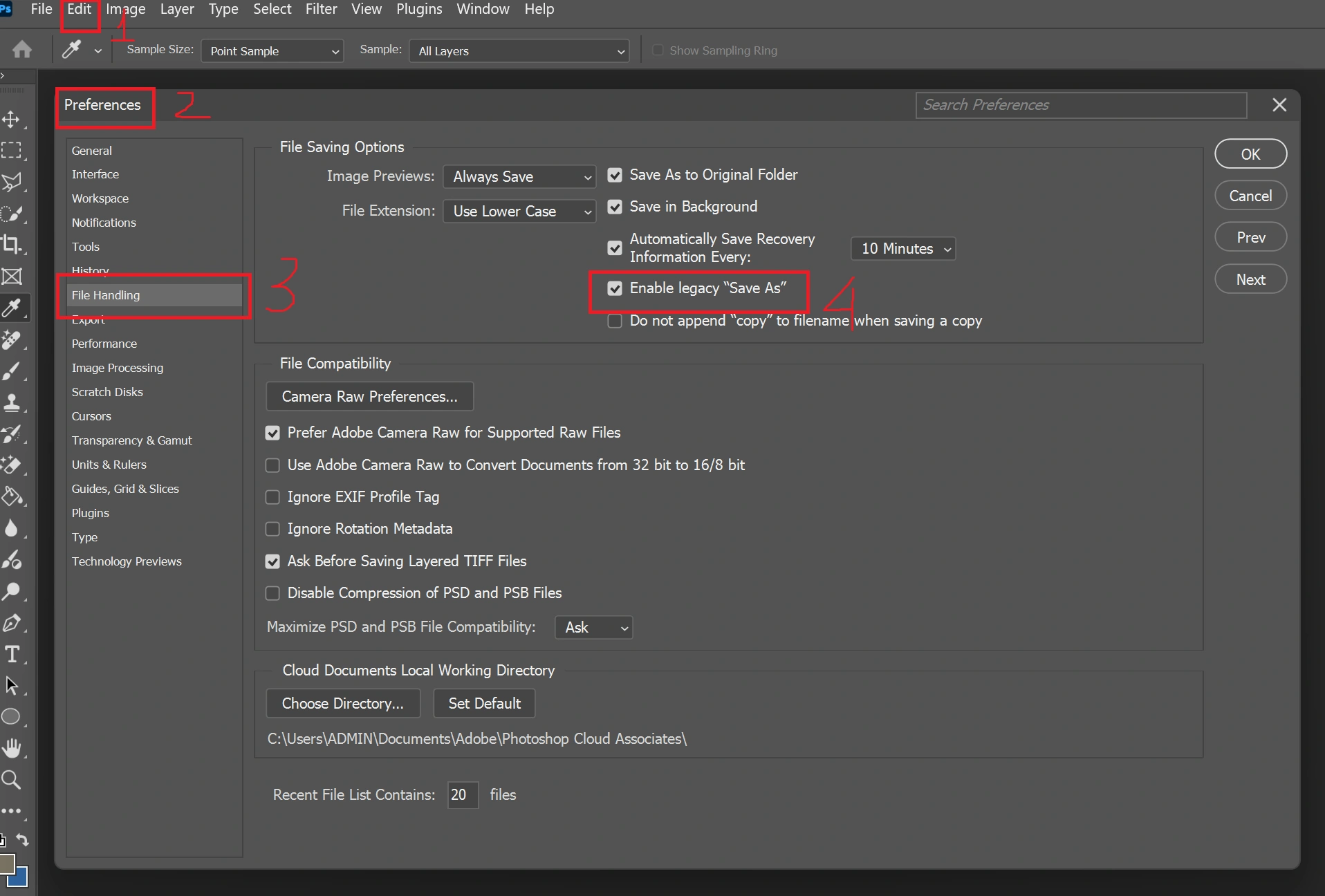 Menu Edit --> Preferences --> File Handling --> Tích vào Enable legacy "Save As"